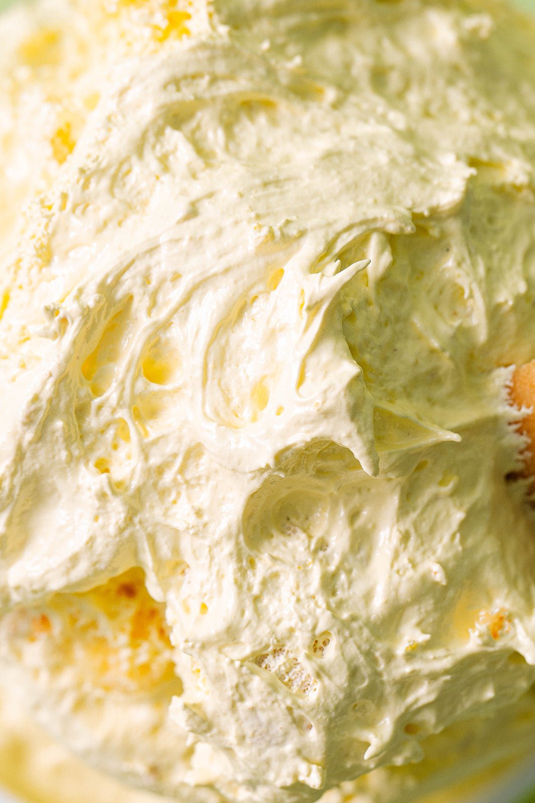 A texture only photo of the banana pudding ooey marshmallow goodness.