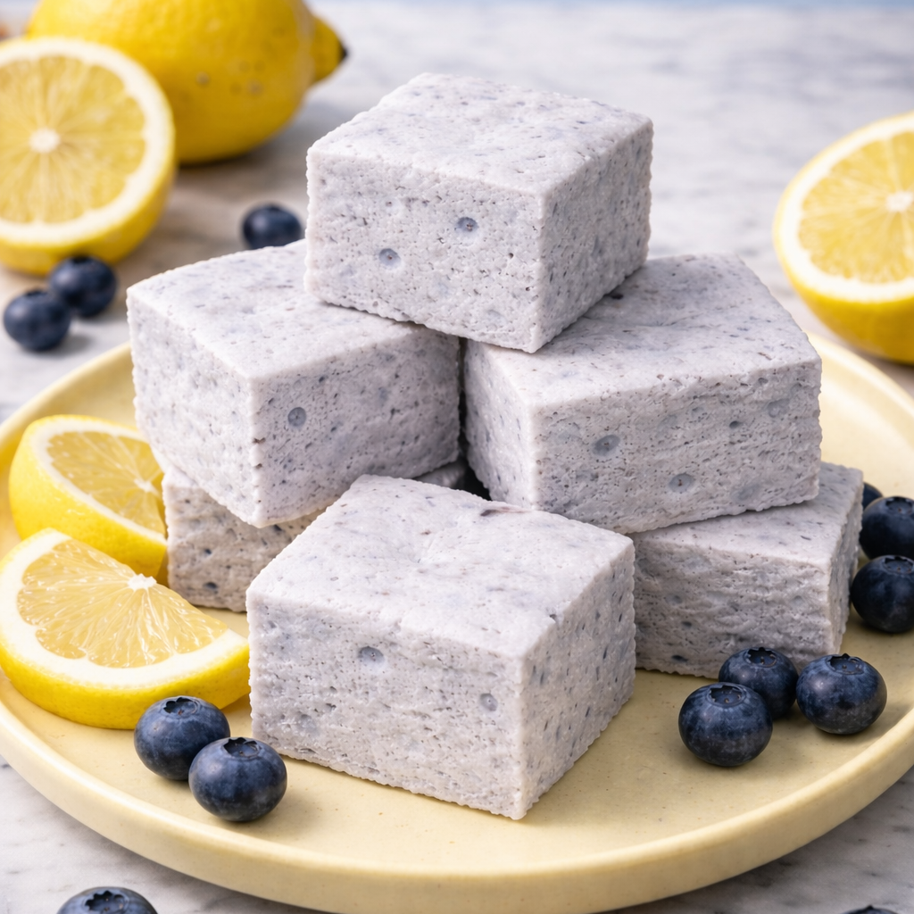 Stack of blueberry lemon marshmallows on a yellow place with lemons and blueberries surrounding it