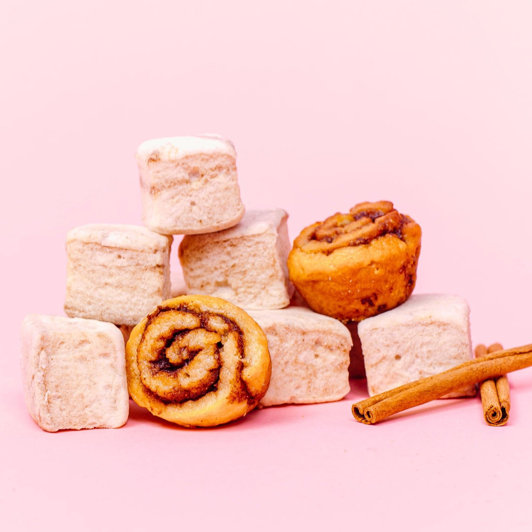 A stack of Cinnamon Roll XO Marshmallows showing that they are a best seller