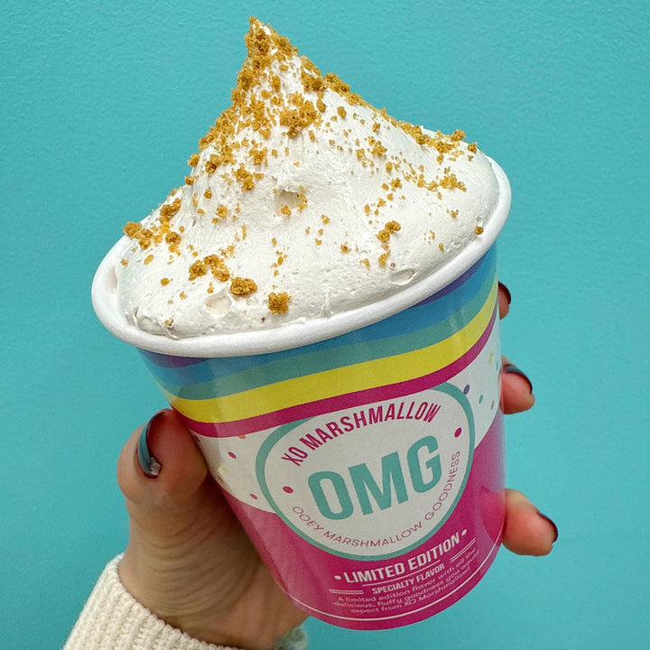 Hand holding a colorful ice cream container with cookie butter marshmallow fluff against a teal background