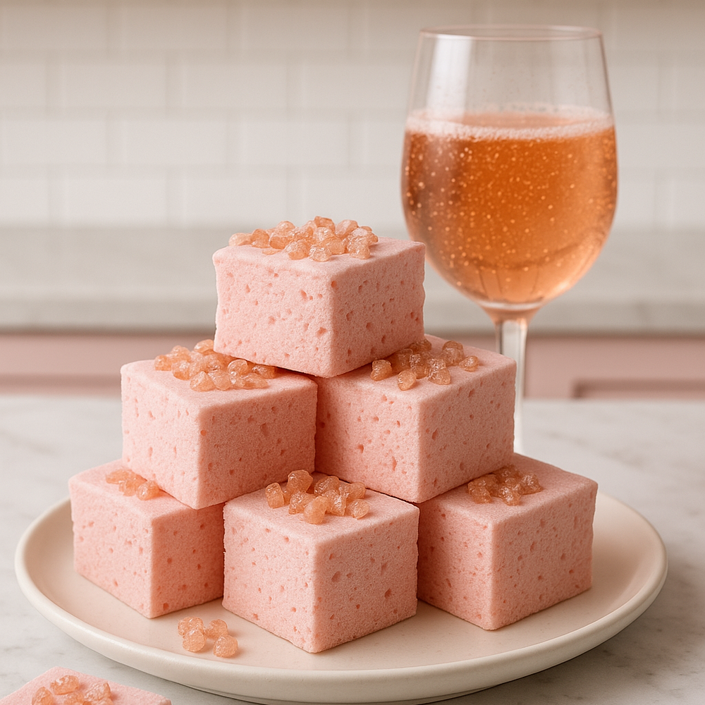 a glass of rosé wine next to a pile of rosé marshmallows topped with rose gold sprinkles all on a white plate. They are sitting on a marble countertop in a kitchen with light pink cabinets