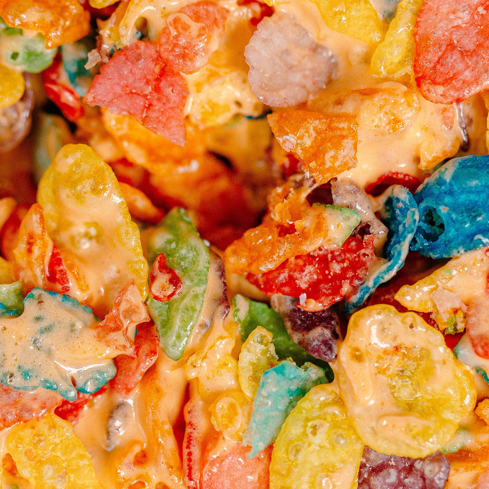 close up of fruity pebbles cereal treat for xo marshmallow
