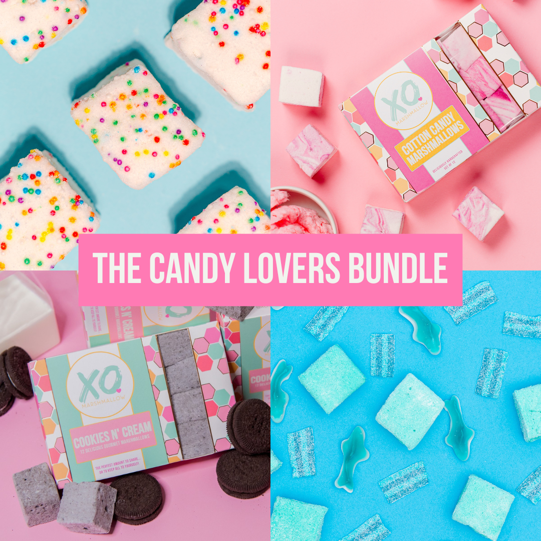 An assortment of colorful marshmallows with various flavors including Cotton Candy, Funfetti, Cookies and Cream, and Sour Blue Raspberry, packaged in boxes with corresponding flavor names and designs.