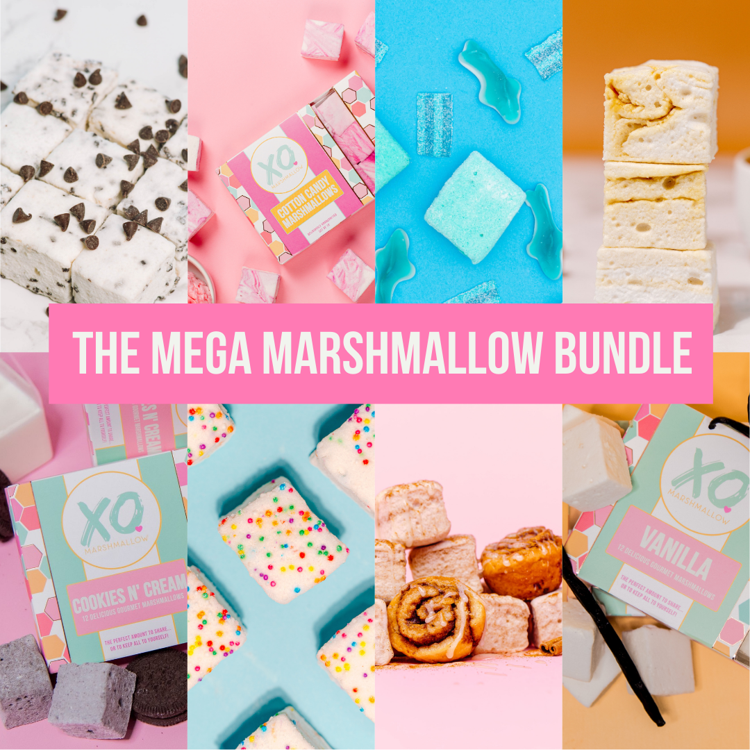 A collage of all 8 core marshmallow flavors from The Mega Marshmallow Bundle. Visible flavors include cotton candy, chocolate chip, cookies and cream, cinnamon roll, funfetti, sour blue raspberry, salted caramel, and vanilla.
