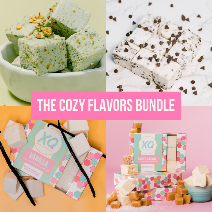 Collage of various marshmallow flavors with 'The Cozy Flavors Bundle' text overlay. XO Marshmallow flavors displayed include Pistachio, Chocolate Chip, Vanilla, and Salted Caramel. These are the flavors in the shop deemed the "most cozy"