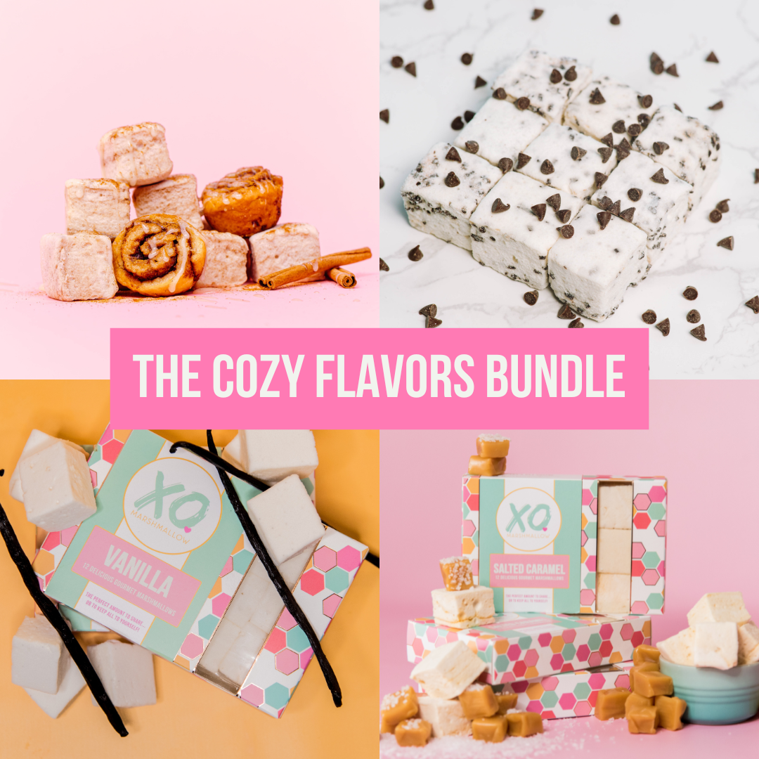 Collage of various marshmallow flavors with 'The Cozy Flavors Bundle' text overlay. XO Marshmallow flavors displayed include Cinnamon Roll, Chocolate Chip, Vanilla, and Salted Caramel. These are the flavors in the shop deemed the "most cozy"