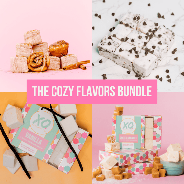Collage of various marshmallow flavors with 'The Cozy Flavors Bundle' text overlay. XO Marshmallow flavors displayed include Cinnamon Roll, Chocolate Chip, Vanilla, and Salted Caramel. These are the flavors in the shop deemed the "most cozy"