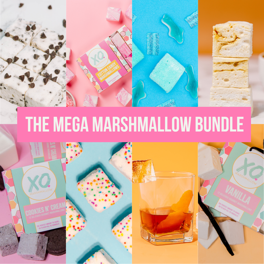 A collage of all 8 core marshmallow flavors from The Mega Marshmallow Bundle. Visible flavors include cotton candy, chocolate chip, cookies and cream, bourbon, funfetti, sour blue raspberry, salted caramel, and vanilla.