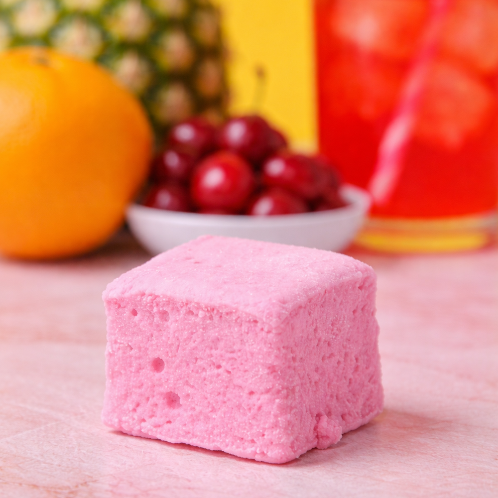 A tropical punch marshmallow at the front with an orange, bowl of cherries and a glass of Koolaid in the background