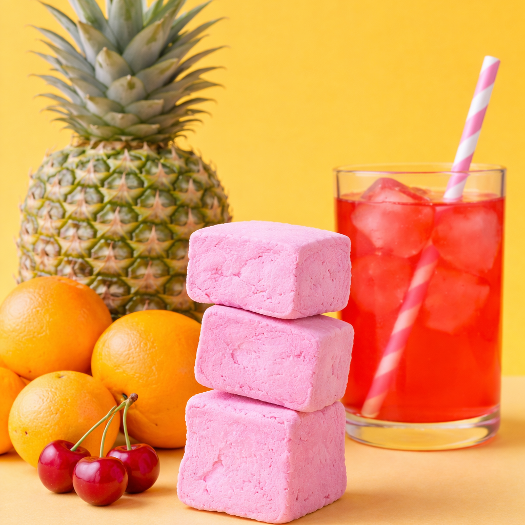 a stack of tropical punch marshmallows against a yellow background with a glass of koolaid, oranges, cherries and a pineapple in the background