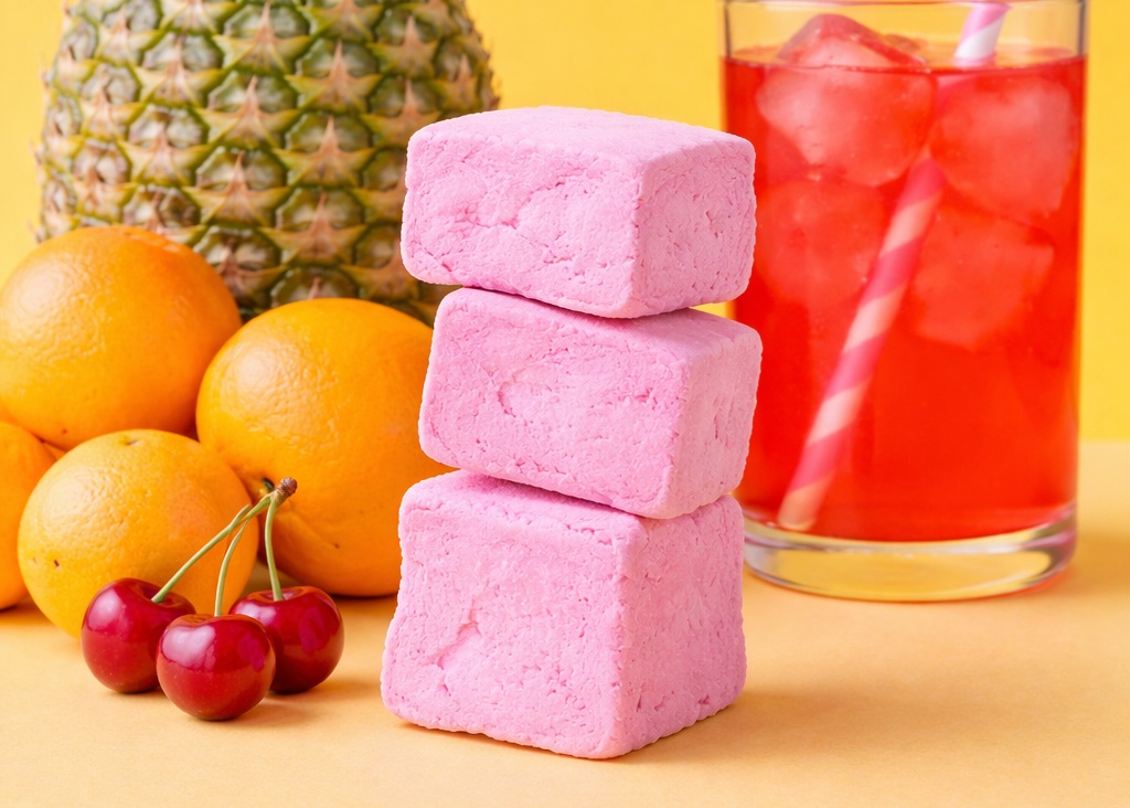 Pink marshmallows stacked with a pineapple, oranges, cherries, and a red drink on a yellow background