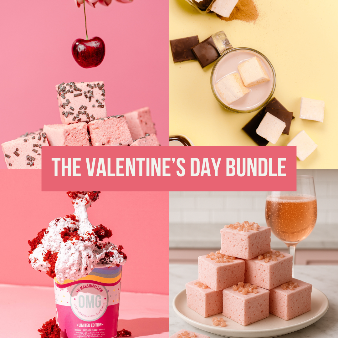 Collage of Valentine's Day-themed products including marshmallows, a cherry, and a dessert with a cherry on top.