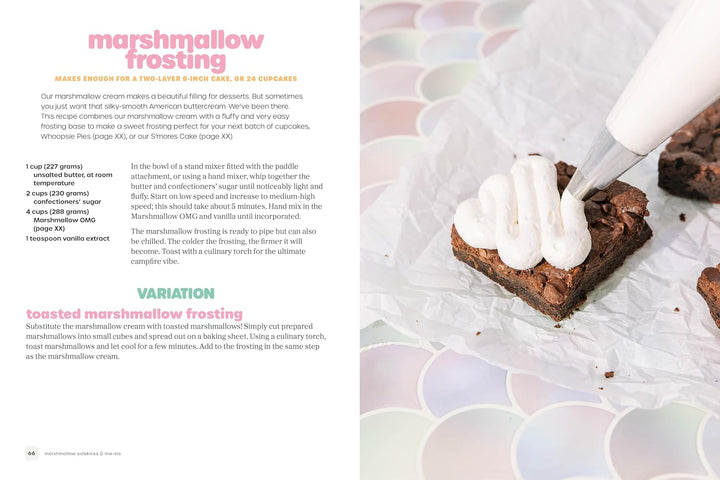 Brownies being topped with marshmallow frosting on a recipe page.