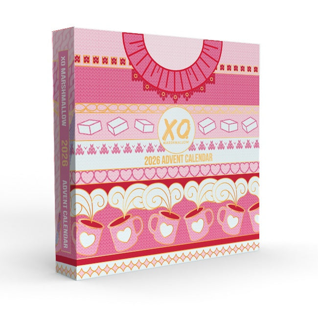 2026 XO Marshmallow Advent Calendar packaging on a white background. This year's calendar looks like a sweater with different marshmallow patterns. Everywhere that's yellow is actually rose gold foil.