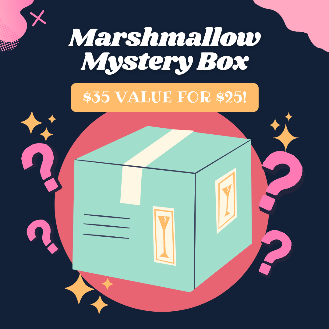Promotional image for Marshmallow Mystery Box with text detailing the product offering, depicting a mystery box with question marks around it. The XO Marshmallow mystery box is $35 worth of items for only $25