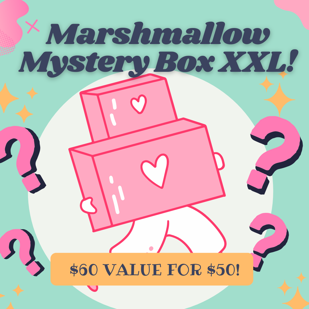 Promotional image for Marshmallow Mystery Box XXL featuring a graphic of a smiling marshmallow character behind a question mark, indicating a surprise element, with text detailing the product offer.