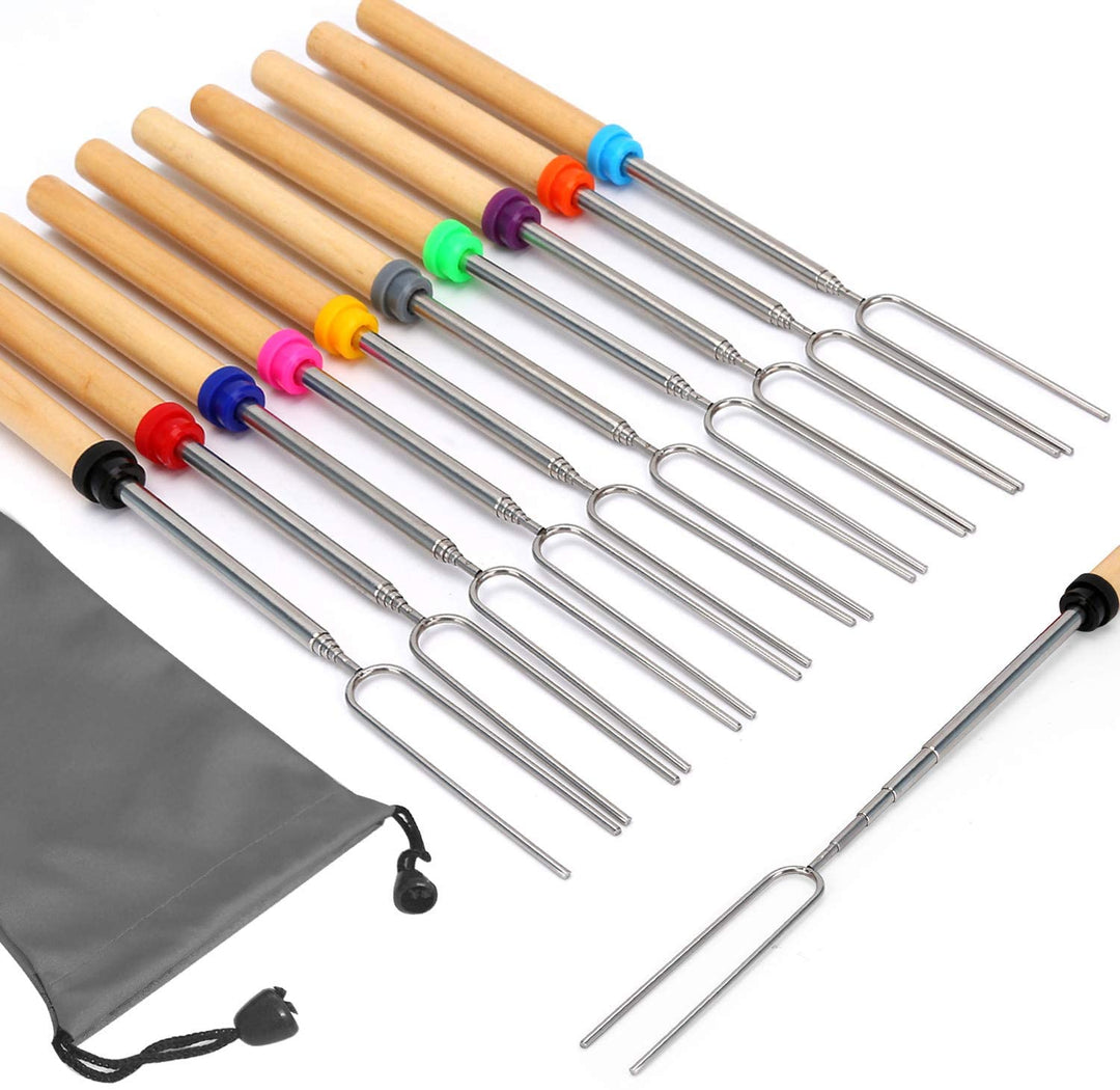 A set of 10 reusable roasting skewers with colorful handles and metal forks, accompanied by a grey zipper bag.