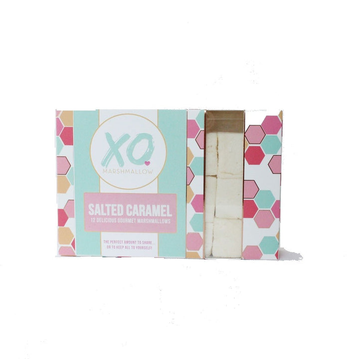 A box of XO marshmallow salted caramel marshmallows against a white background